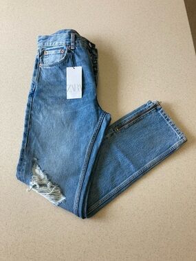 NWT Zara Lt Blue Distressed Straight Leg High-RiseJ eans Women Sz 31 Ankle zip